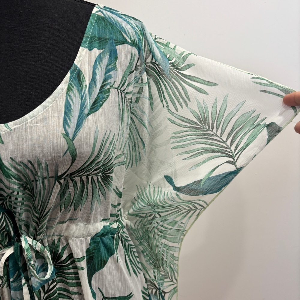 Kona Sol Tropical Palm Leaf Midi Dress Cover Up M Green Resort Vacation Tassel - Picture 8 of 14